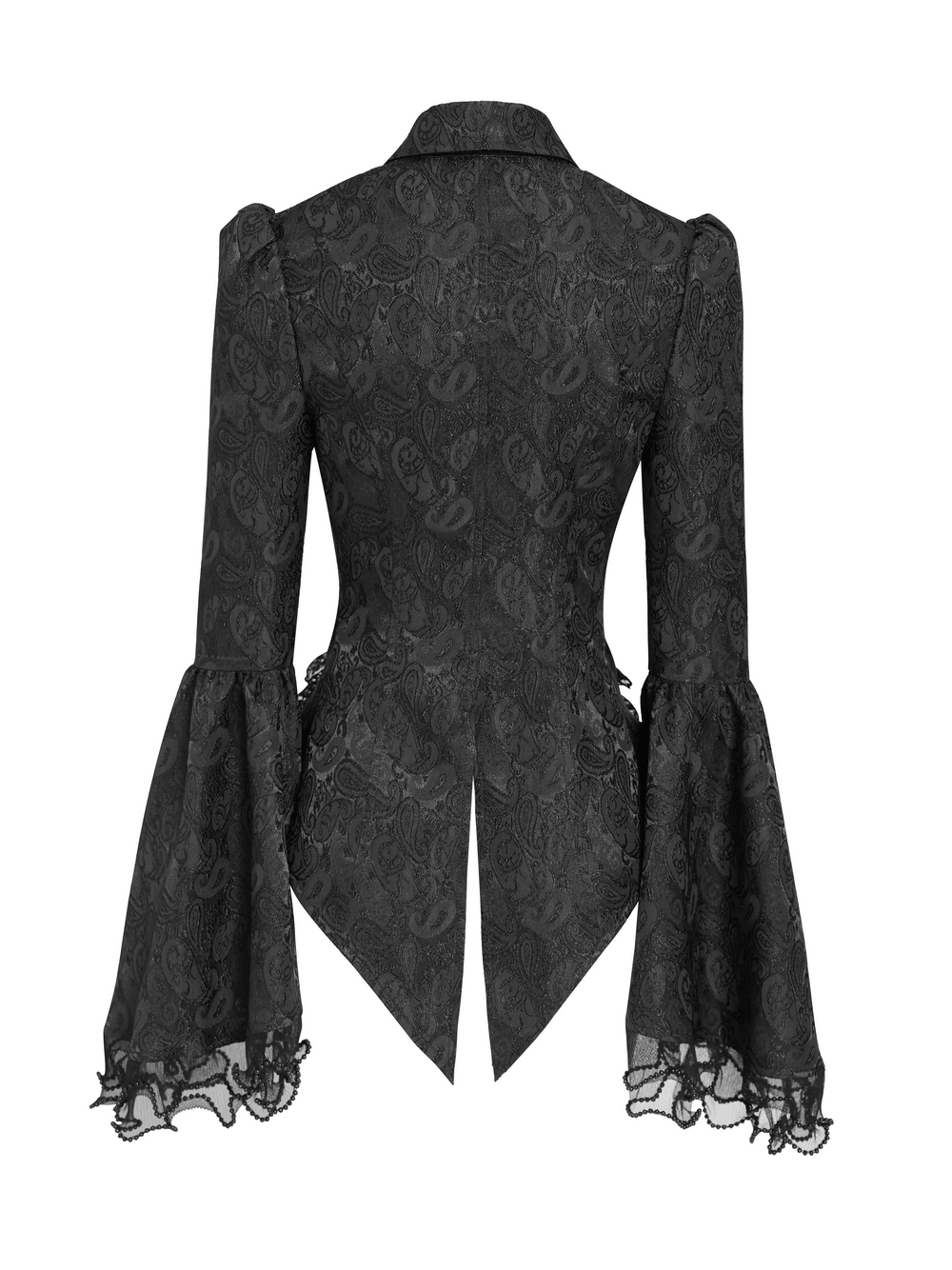 Elegant Alternative Jacquard Blouse with Bell Sleeves black gothic blouse with lace flared cuffs and ruffled trim