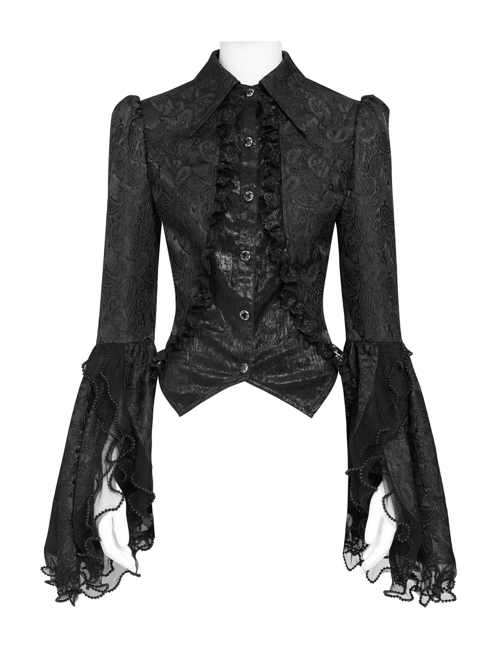 Elegant Alternative Jacquard Blouse with Bell Sleeves black gothic blouse with lace flared cuffs and ruffle trim