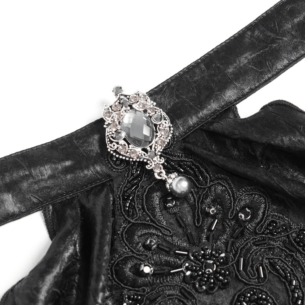 Elegant Alternative Jacquard Blouse with Bell Sleeves, black gothic top with jeweled lace cuffs and ornate embroidery