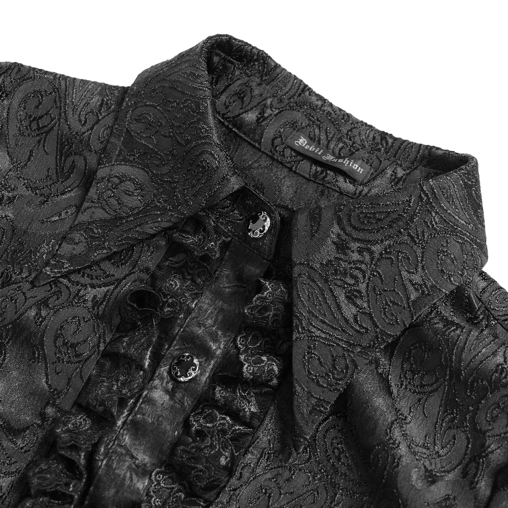 Elegant Alternative Jacquard Blouse with Bell Sleeves black gothic shirt with ruffles, lace cuffs and pointed collar