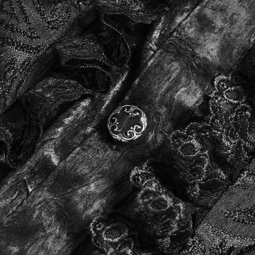 Elegant Alternative Jacquard Blouse with Bell Sleeves black gothic blouse with lace cuffs, ruffles, and ornate button detail