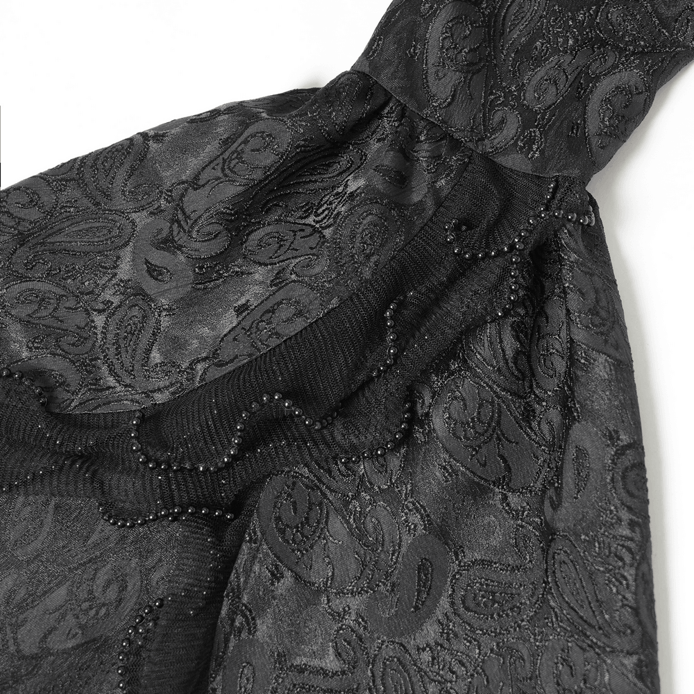 Elegant Alternative Jacquard Blouse with Bell Sleeves black gothic top with paisley jacquard, lace flared cuffs and beaded trim
