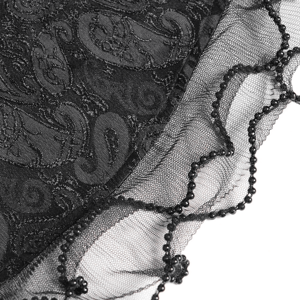 Elegant Alternative Jacquard Blouse with Bell Sleeves black romantic goth top with lace flared cuffs and beaded trim