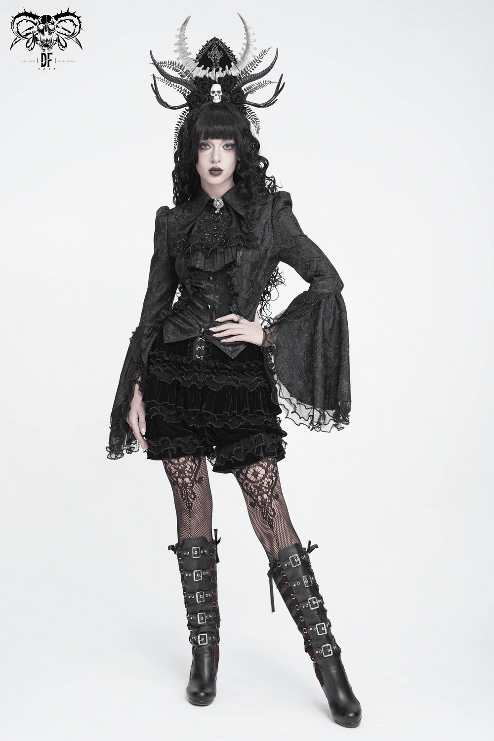 Elegant Alternative Jacquard Blouse with Bell Sleeves, black gothic top with lace flared cuffs and ruffle trim