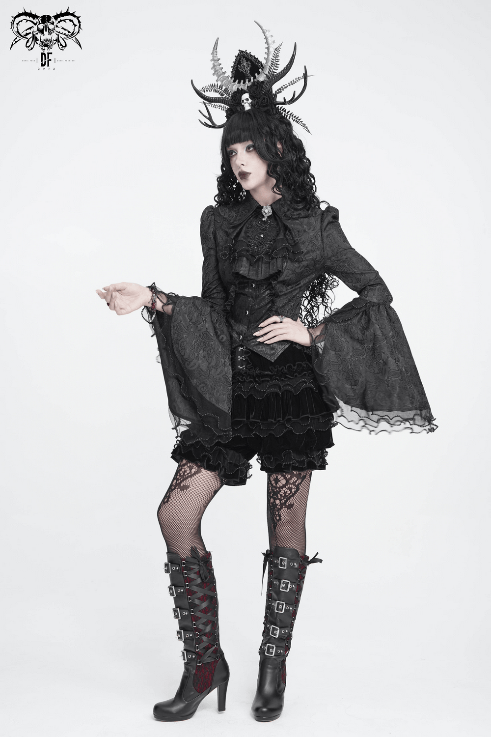 Elegant Alternative Jacquard Blouse with Bell Sleeves, black gothic romantic top with lace flared cuffs and ruffle trim
