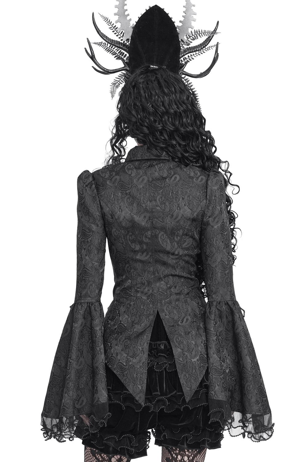 Elegant Alternative Jacquard Blouse with Bell Sleeves, black gothic blouse with lace cuffs, ruffle trim and fitted waist
