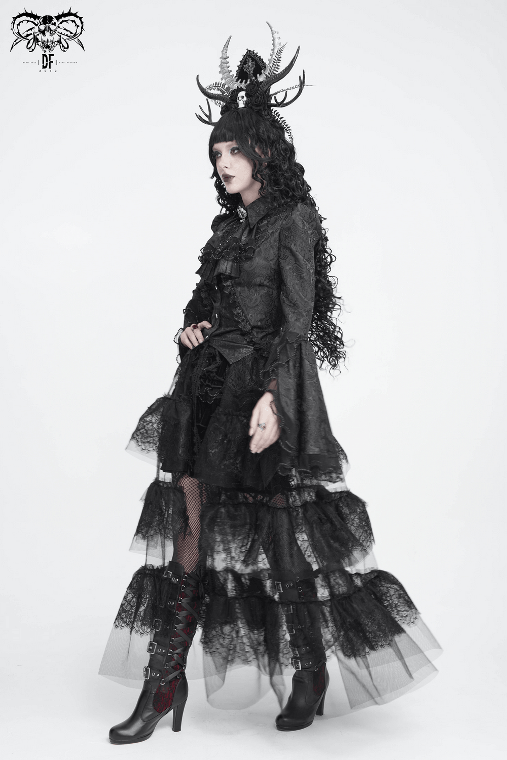 Elegant Alternative Jacquard Blouse with Bell Sleeves black romantic goth top with lace cuffs and ruffles