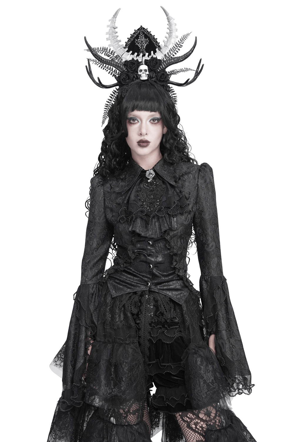 Elegant Alternative Jacquard Blouse with Bell Sleeves black gothic blouse with ruffles, lace cuffs, and Victorian details