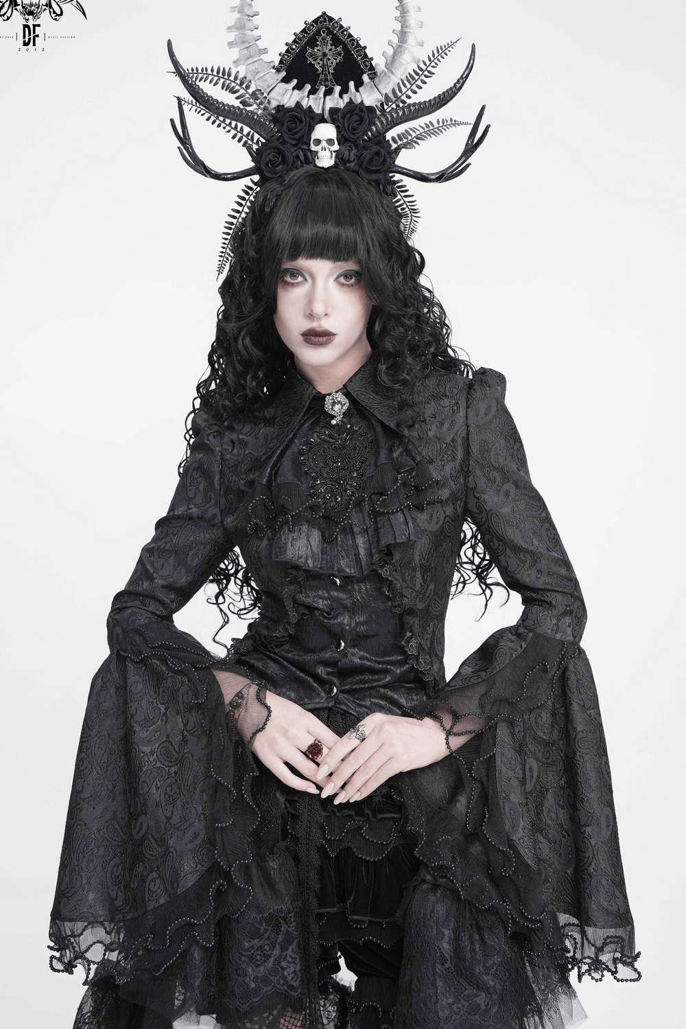 Elegant Alternative Jacquard Blouse with Bell Sleeves black romantic goth blouse with lace flared cuffs, ruffles, and pointed collar