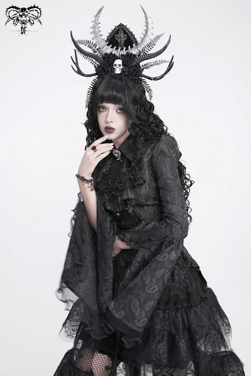 Elegant Alternative Jacquard Blouse with Bell Sleeves black gothic blouse with lace cuffs, ruffles and dramatic Victorian style
