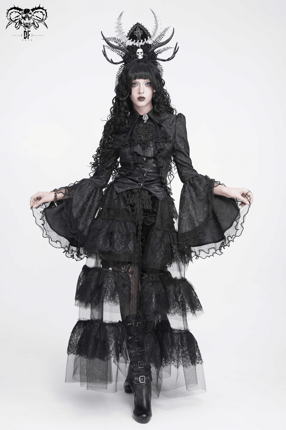 Elegant Alternative Jacquard Blouse with Bell Sleeves, black romantic goth top with lace flared cuffs and ruffle trim