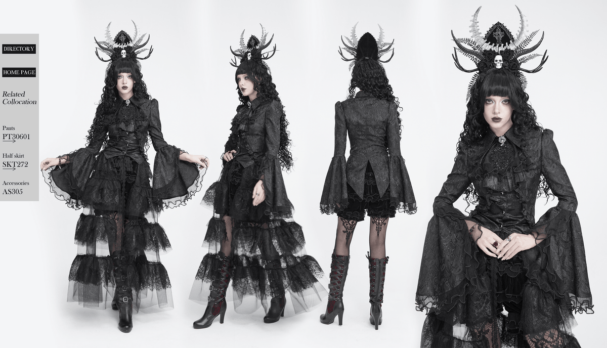 Elegant Alternative Jacquard Blouse with Bell Sleeves, black gothic blouse with lace cuffs, ruffles and fitted waist
