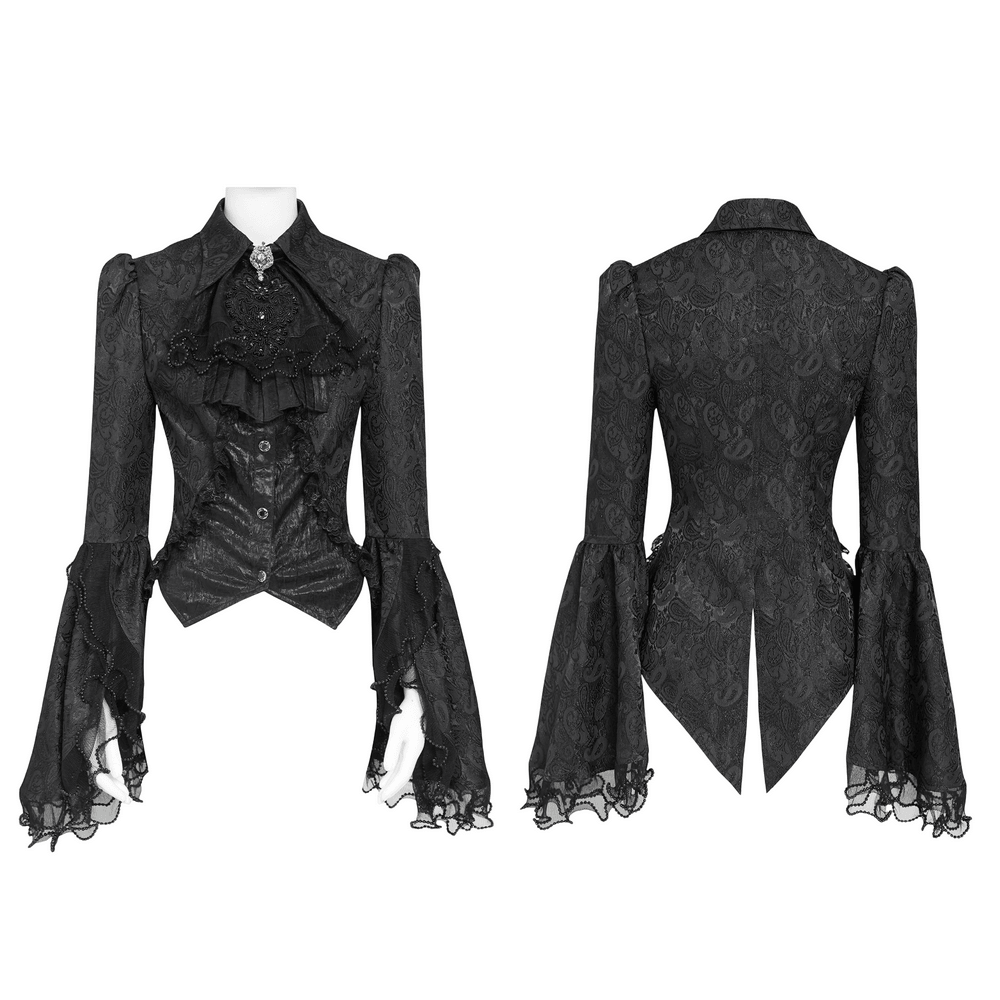 Elegant Alternative Jacquard Blouse with Bell Sleeves black gothic ruffle shirt with lace flared cuffs, front and back views