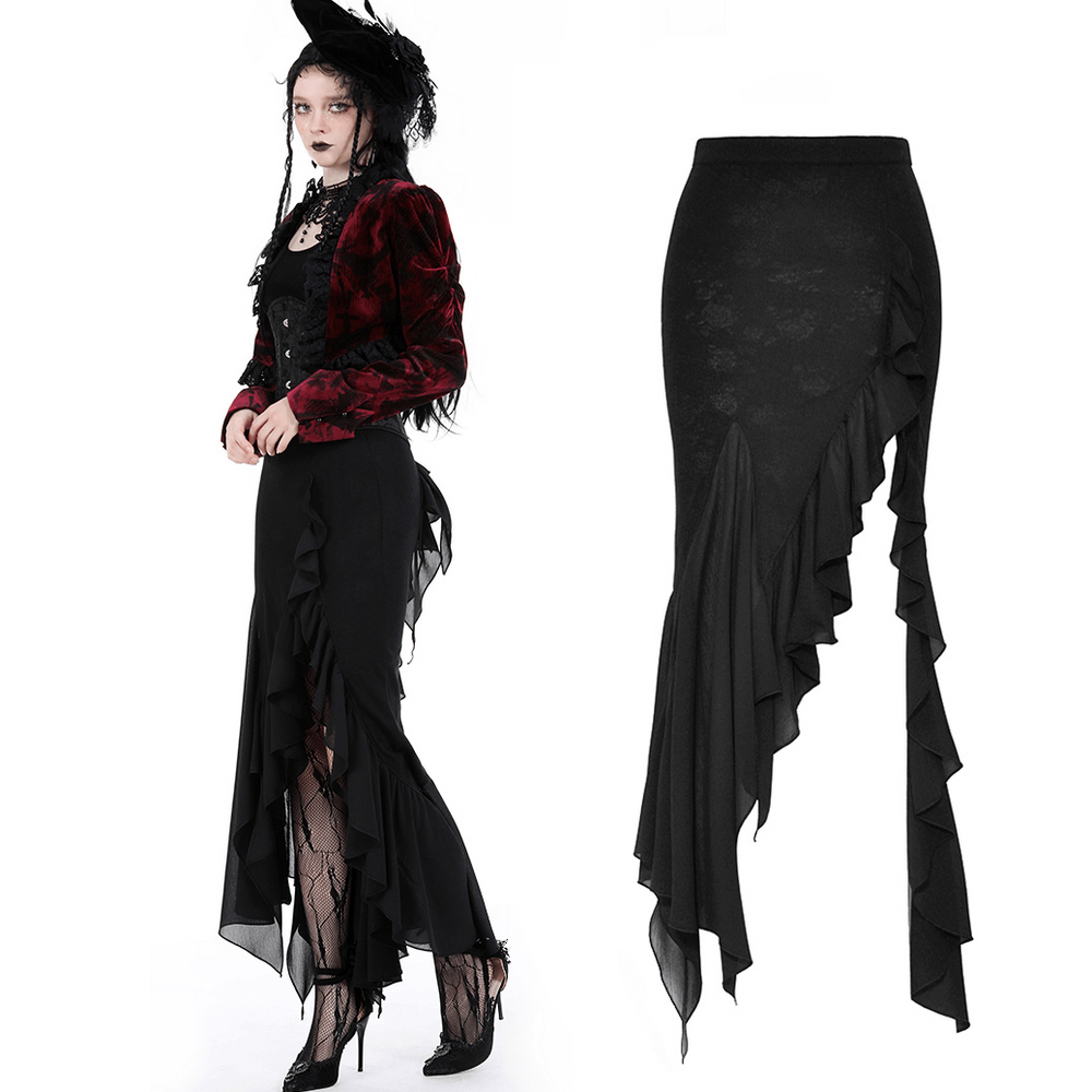 Elegant asymmetrical black long skirt with ruffles and slit, perfect for versatile fashion styling.