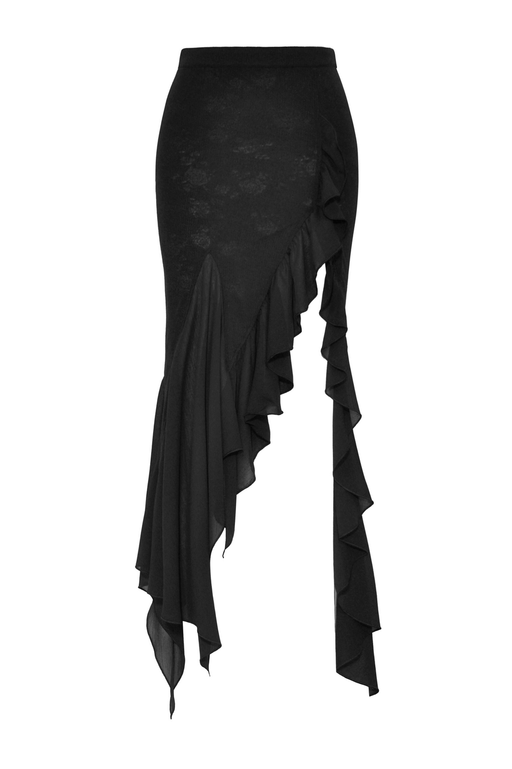 Elegant black asymmetrical long skirt with ruffles and slit, perfect for stylish occasions.