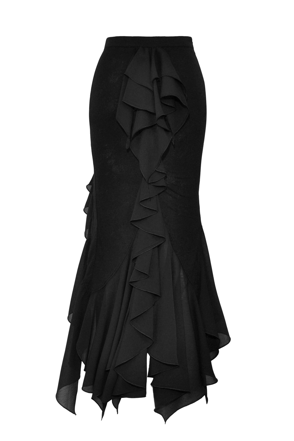 Elegant black long skirt with asymmetrical ruffles and slit, perfect for a chic evening look.