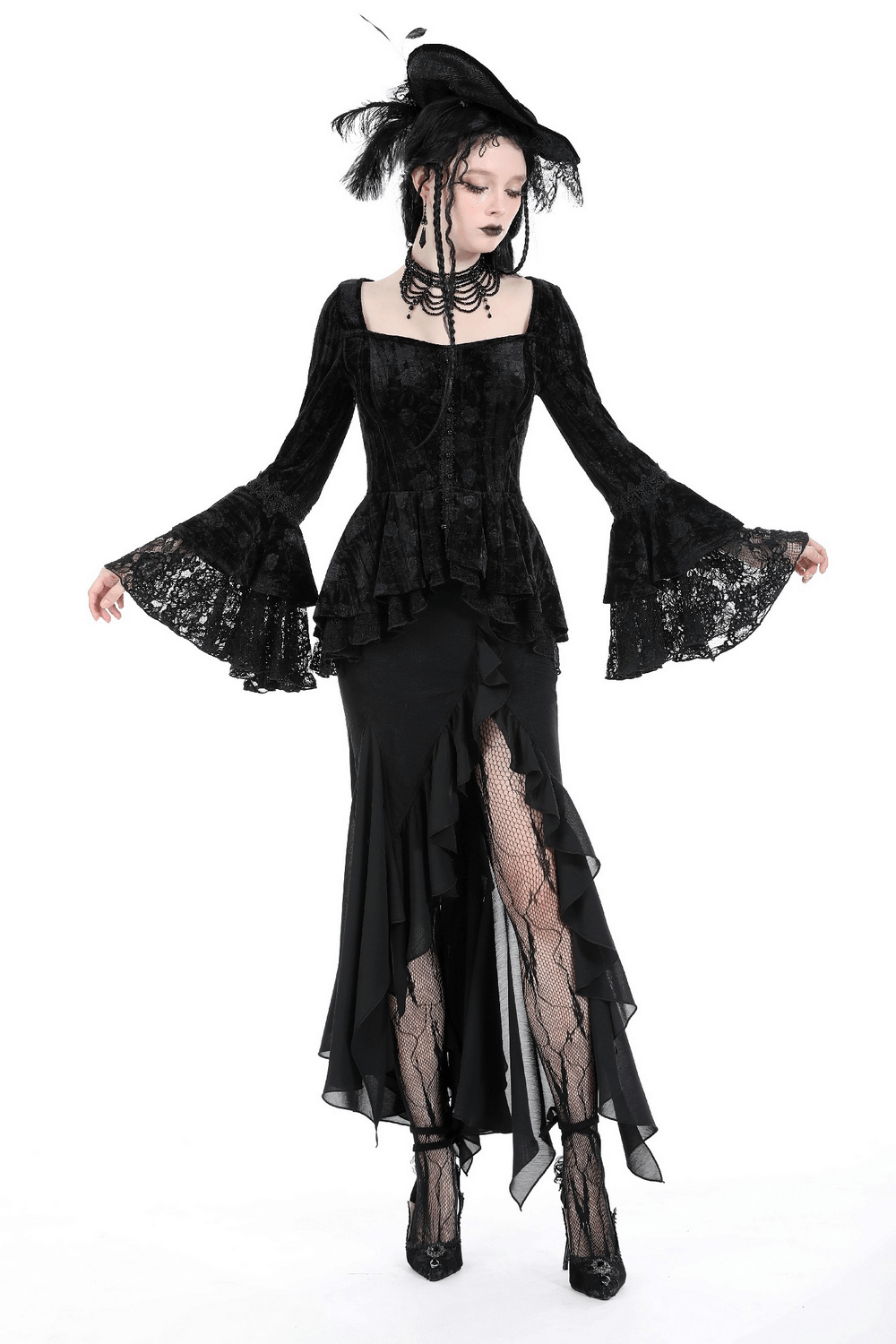 Elegant black long skirt with asymmetrical ruffles and fitted lace top, perfect for gothic fashion enthusiasts.