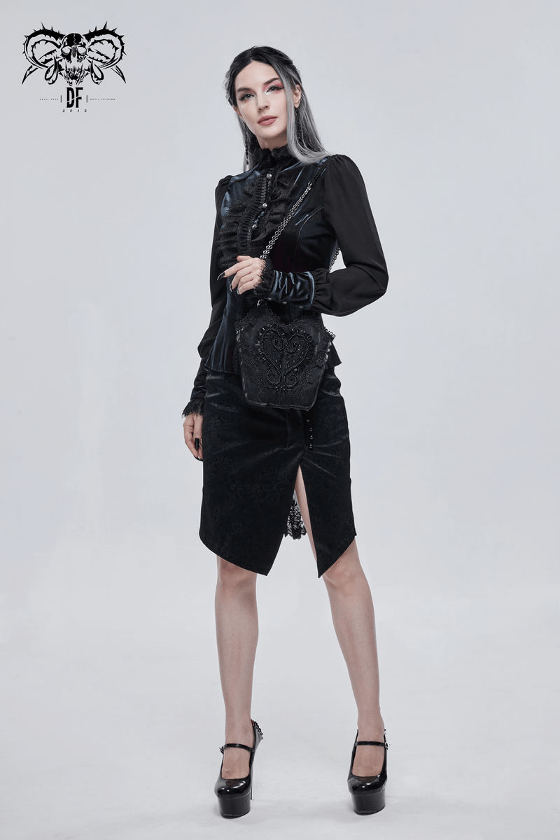 Elegant gothic-style woman showcasing a black guipure bucket bag, paired with a chic black outfit.