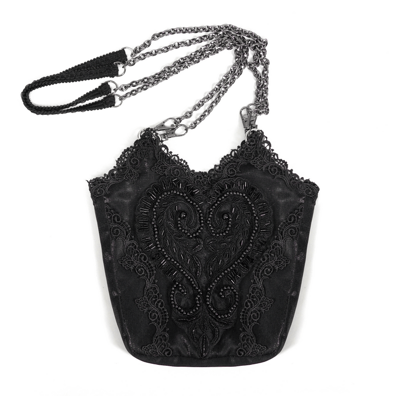 Elegant gothic floral bucket bag for women featuring black guipure and chain accents.