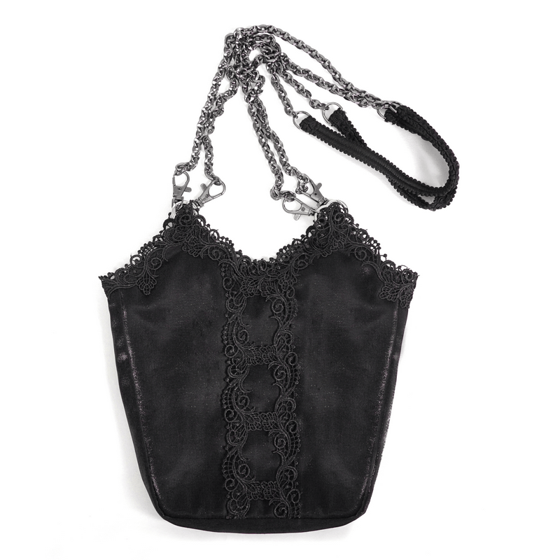 Elegant black gothic bucket bag with guipure insert and chain straps for women, perfect accessory for any outfit.