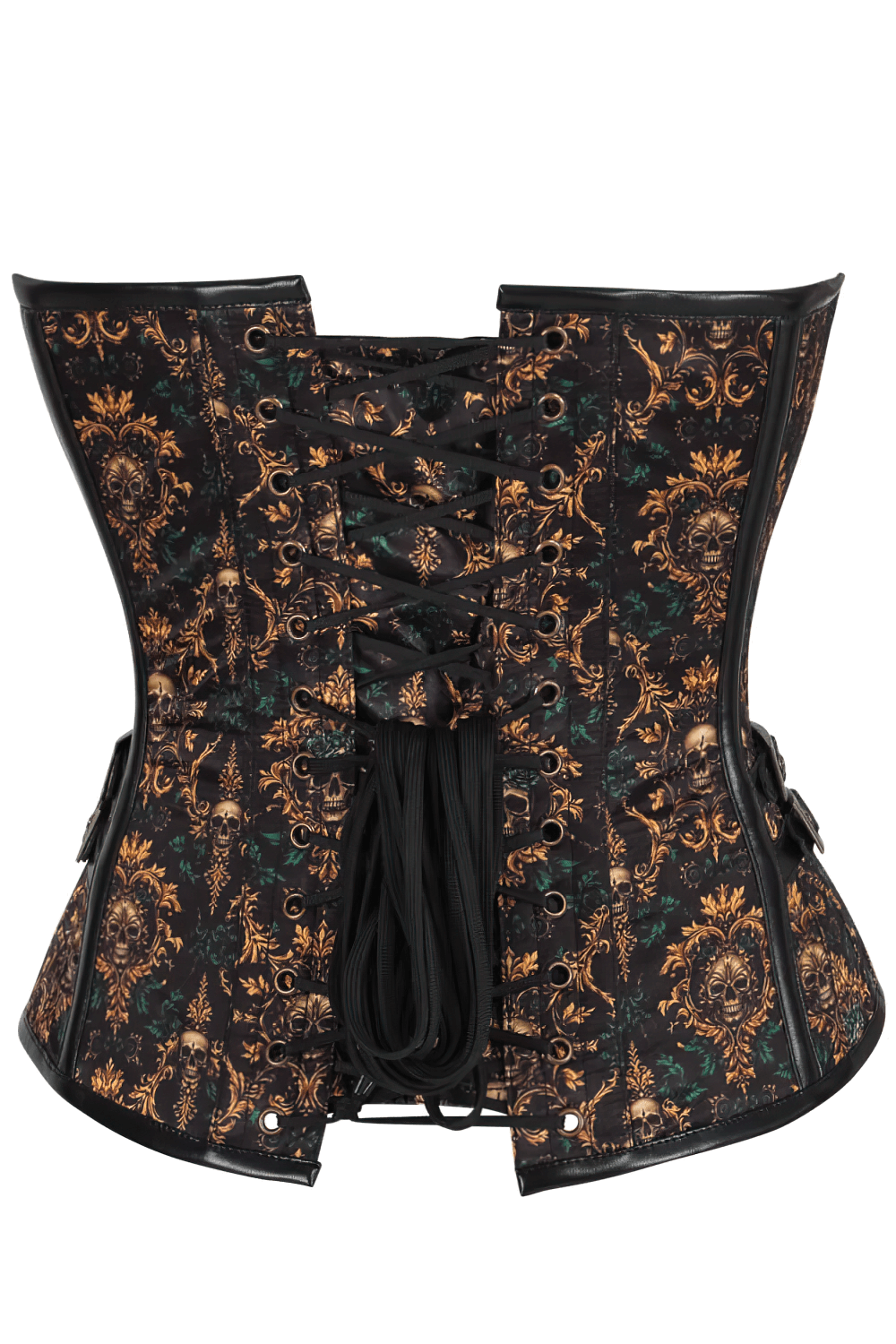 Alt Tag: Elegant Baroque Skull Steampunk Overbust Corset black overbust steel-boned corset with baroque skull print, lace-up back