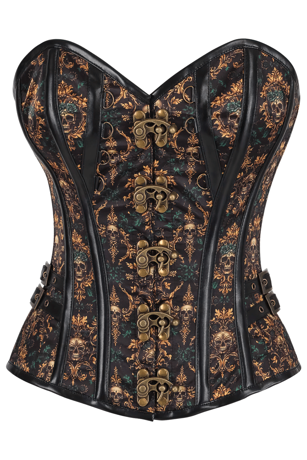 Alt Tag: Elegant Baroque Skull Steampunk Overbust Corset with baroque skull print, steel boning, front clasps, side buckles