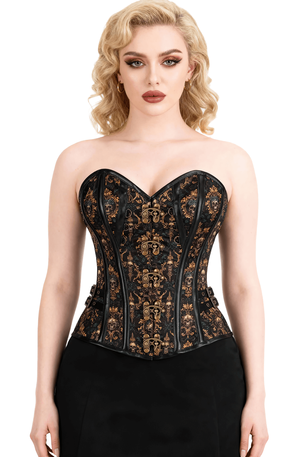 Alt Tag: Elegant Baroque Skull Steampunk Overbust Corset with baroque skull print, steel-boned overbust, front clasp and side buckles