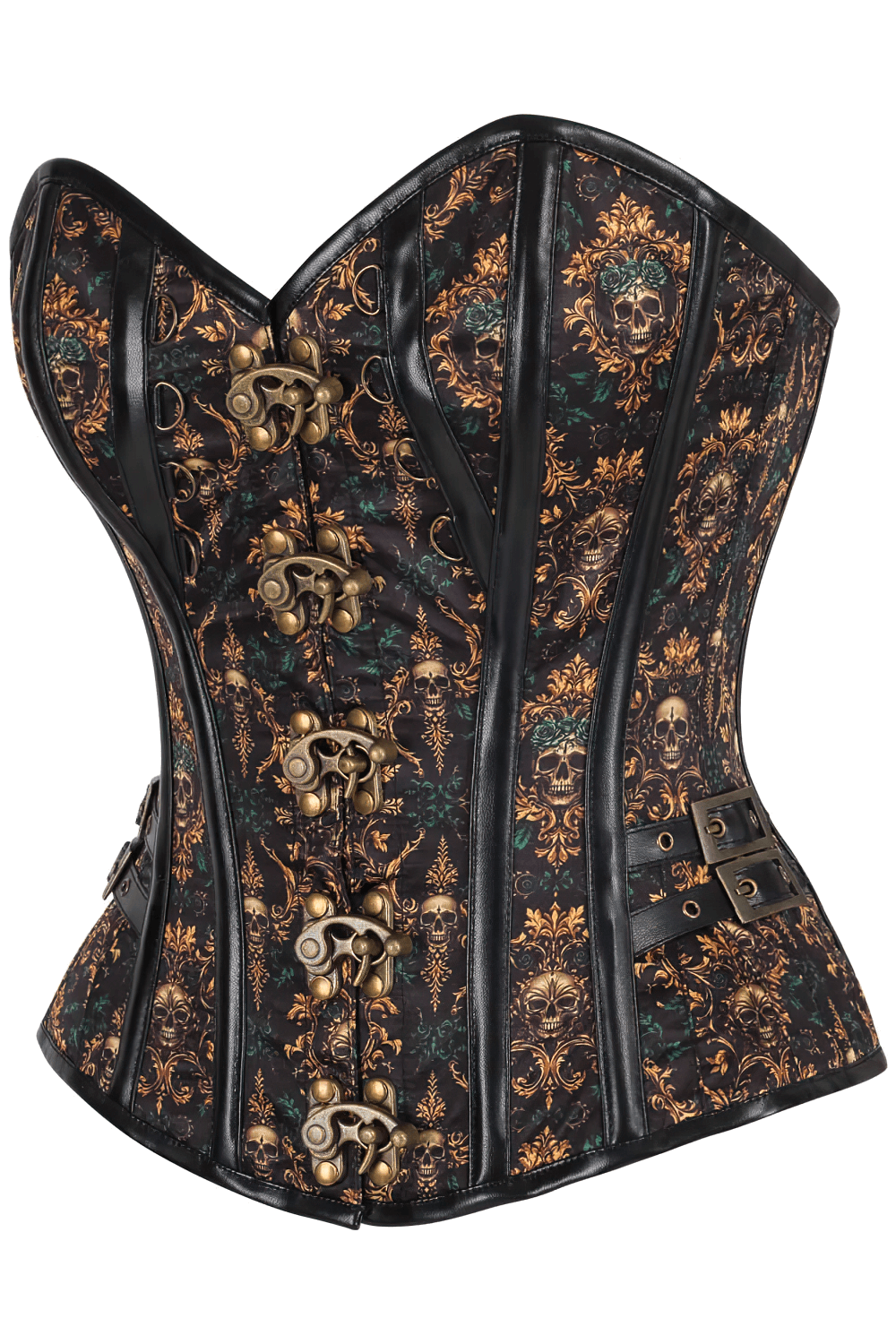 Alt Tag: Elegant Baroque Skull Steampunk Overbust Corset with baroque skull print, steel boning, front clasps, and side buckles