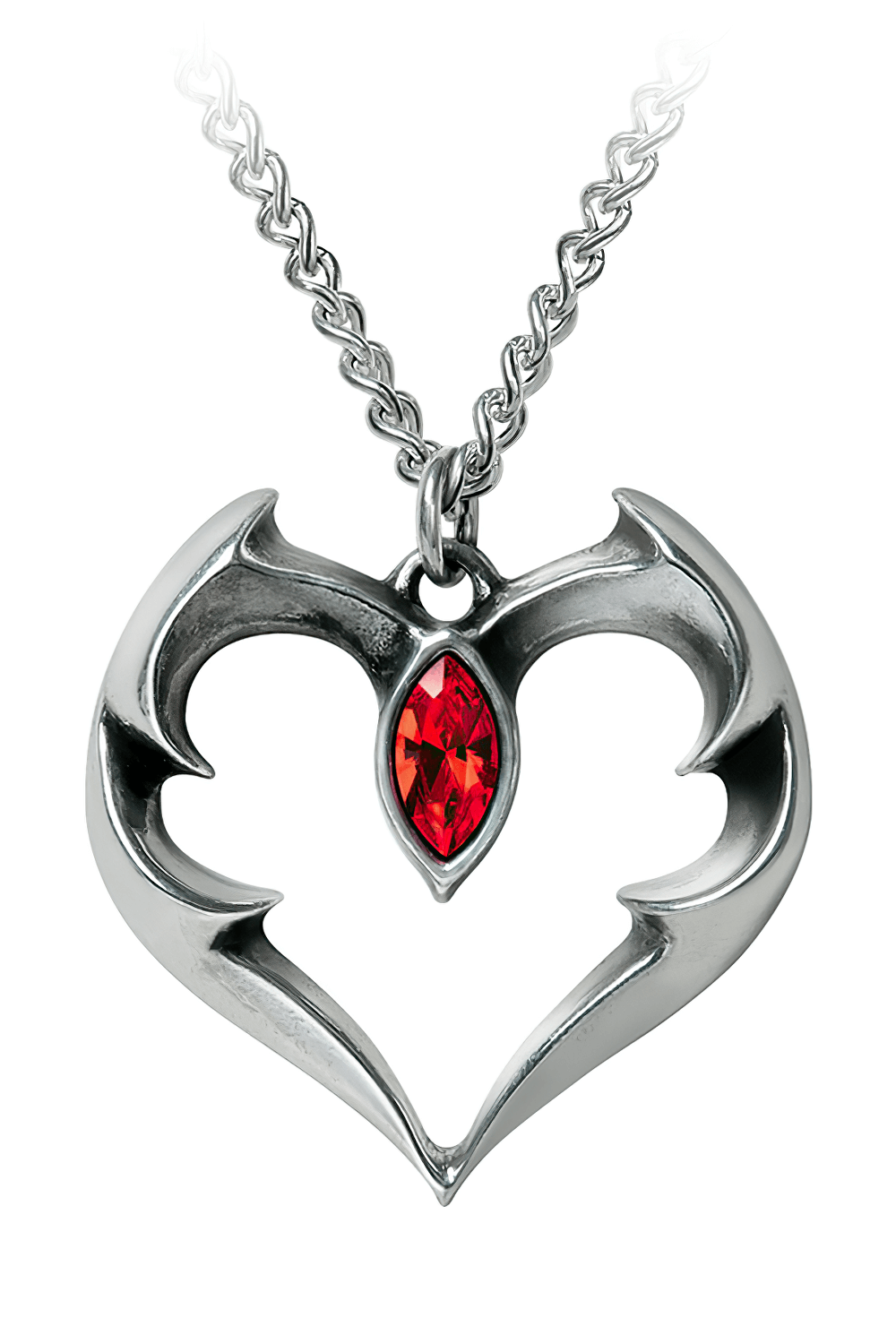 Elegant bat heart pendant featuring a red Swarovski crystal, perfect for gothic jewelry lovers.
