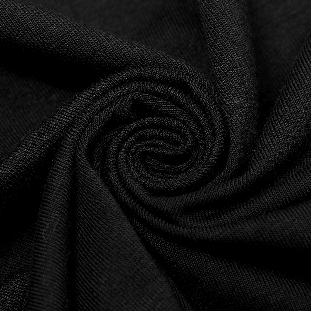 Close-up of soft black elastic cotton fabric, ideal for comfy gothic bell-sleeve tops.