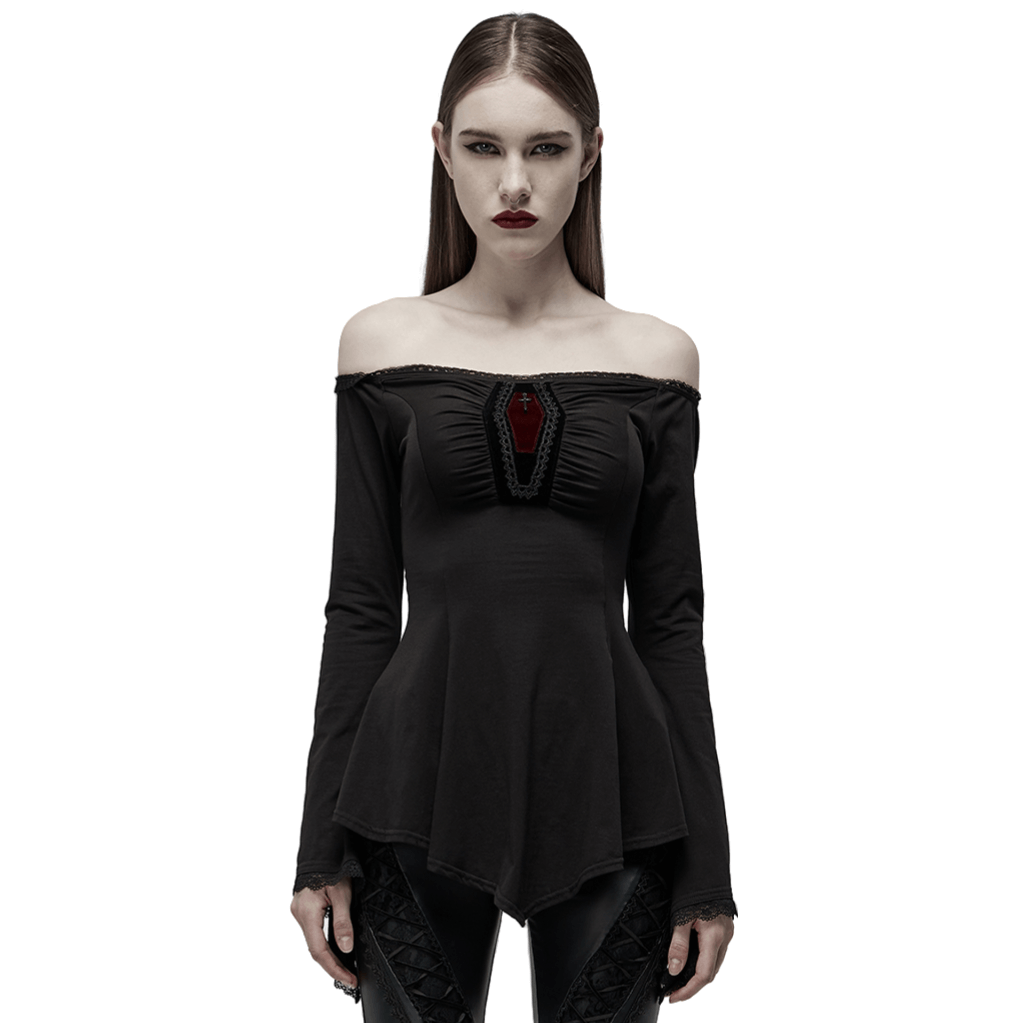 Elegant bell-sleeve goth top with slash neck, featuring a coffin accent and flattering A-line fit for women.