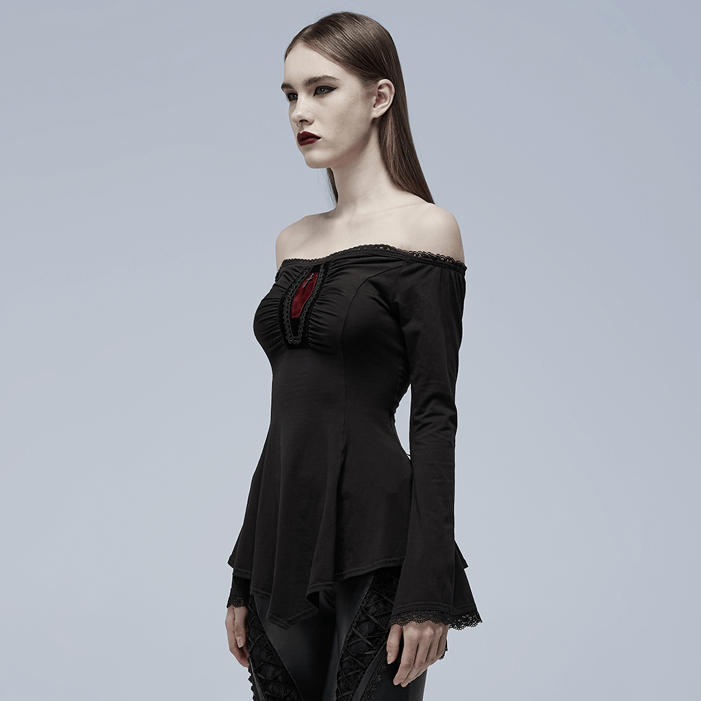 Elegant off-shoulder gothic top with bell sleeves and red accent, perfect for a chic, mysterious look.