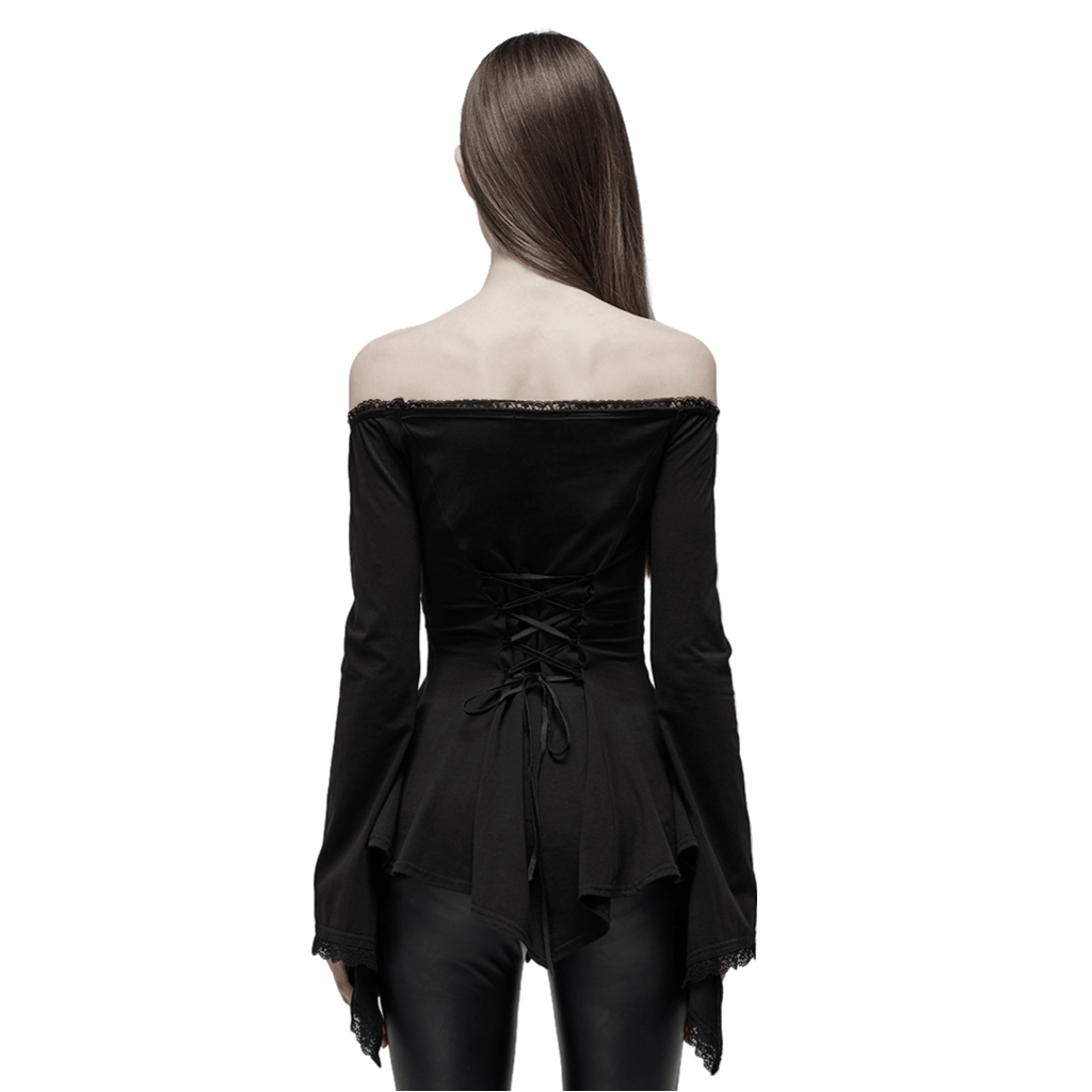 Back view of an elegant black bell-sleeve gothic top with a lace-up design and off-shoulder neckline.