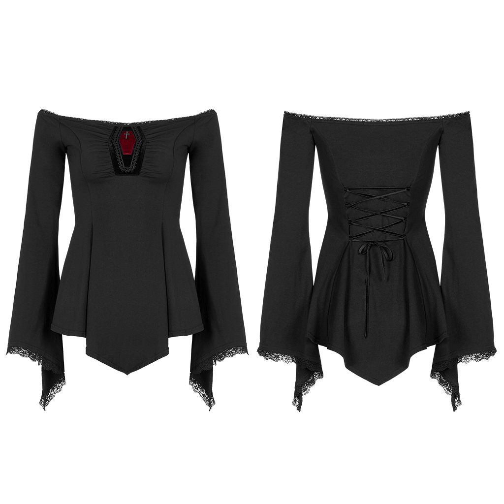 Elegant black bell-sleeves gothic top with slash neck and lace details, perfect for a stylish, mysterious look.