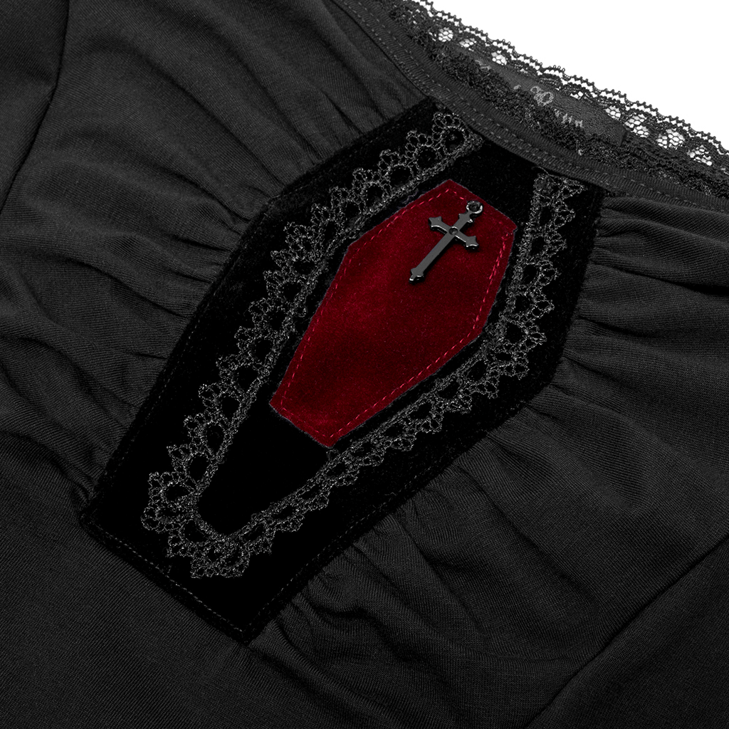 Elegant coffin design accent with lace detailing on a gothic black top for women.