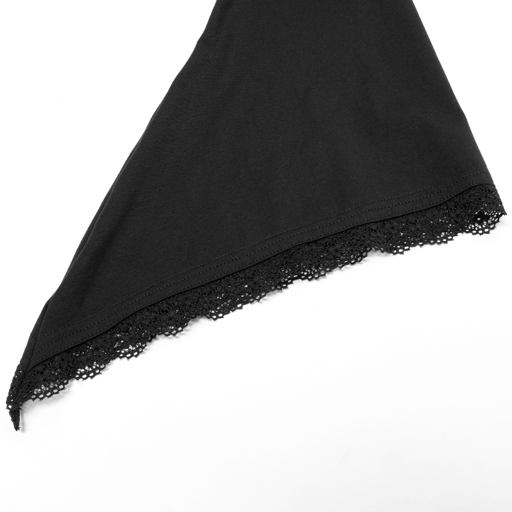 Close-up of black bell sleeve with delicate lace trim from Elegant Bell-Sleeves Coffin Accent Goth Top for Women.