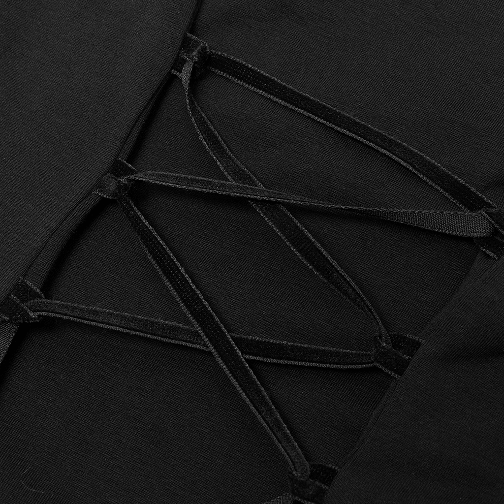 Close-up of gothic black fabric with stylish crisscross details for a chic, edgy look.