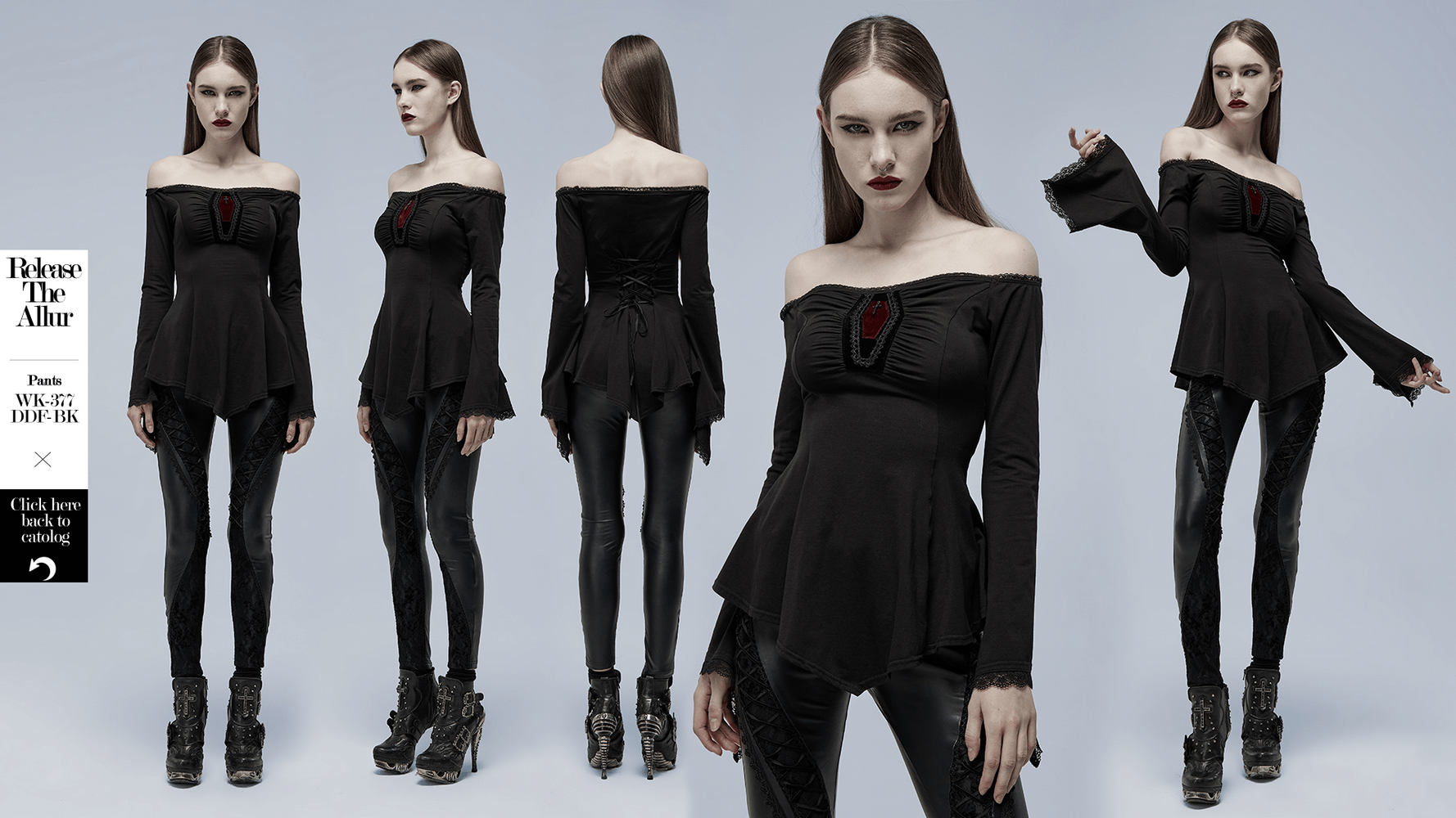 Elegant goth top with bell sleeves and slash neck, featuring a coffin accent, paired with sleek black leggings.