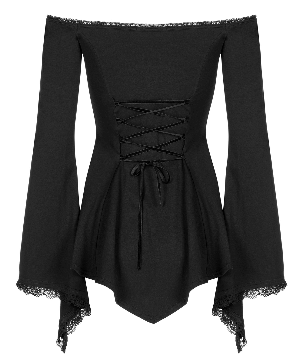 Elegant black goth top with bell sleeves and lace, featuring a flattering A-line fit and off-shoulder design.