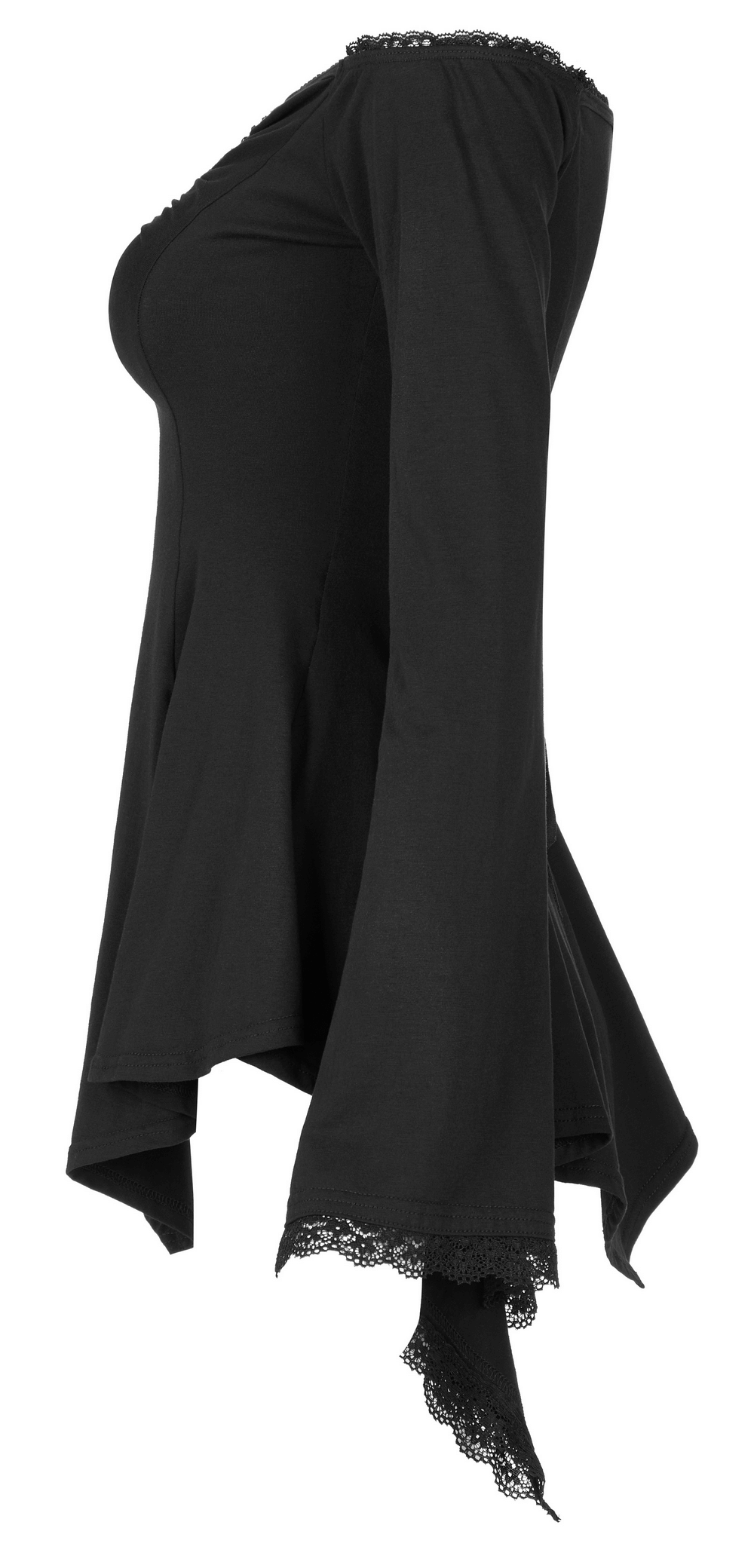 Elegant black bell-sleeve goth top with lace trim and A-line silhouette, perfect for a stylish edgy look.