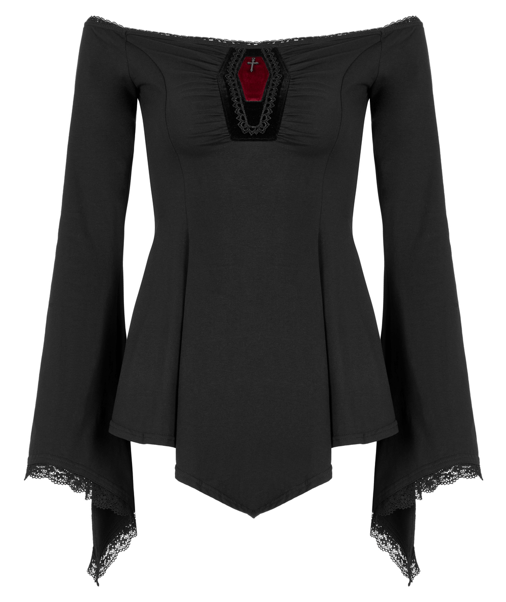 Elegant black coffin accent top with bell sleeves and slash neck, perfect for gothic style enthusiasts.