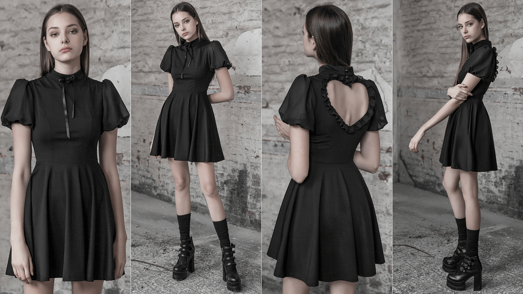 Elegant Black A-Line Dress with Sheer Puff Sleeves