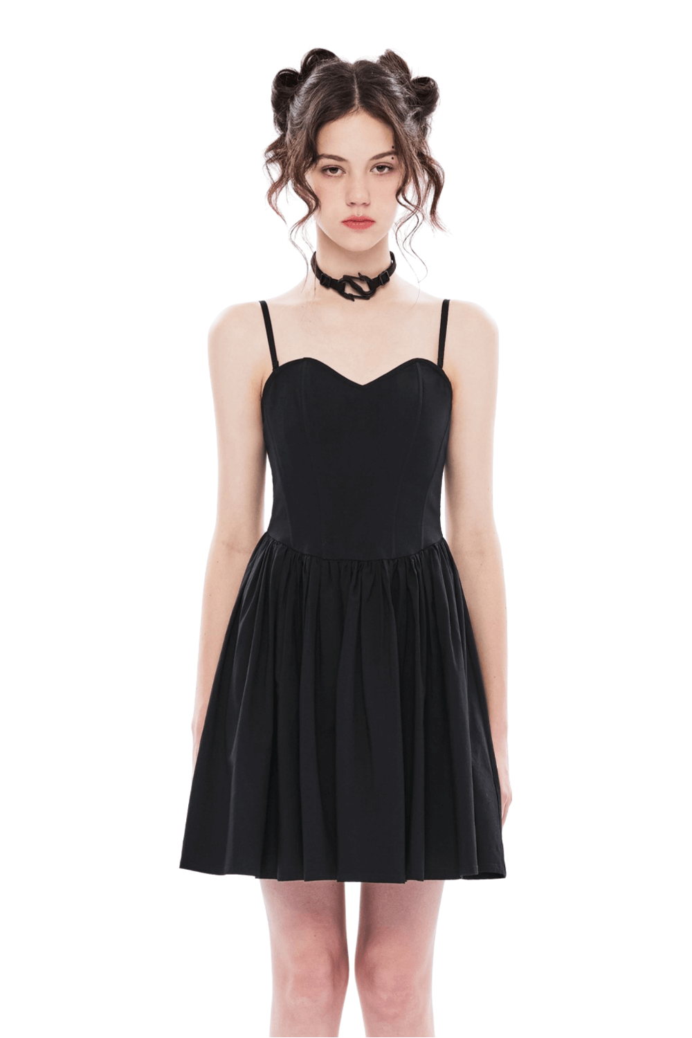 Elegant black A-line skater dress with pleated skirt and adjustable straps for a perfect fit.