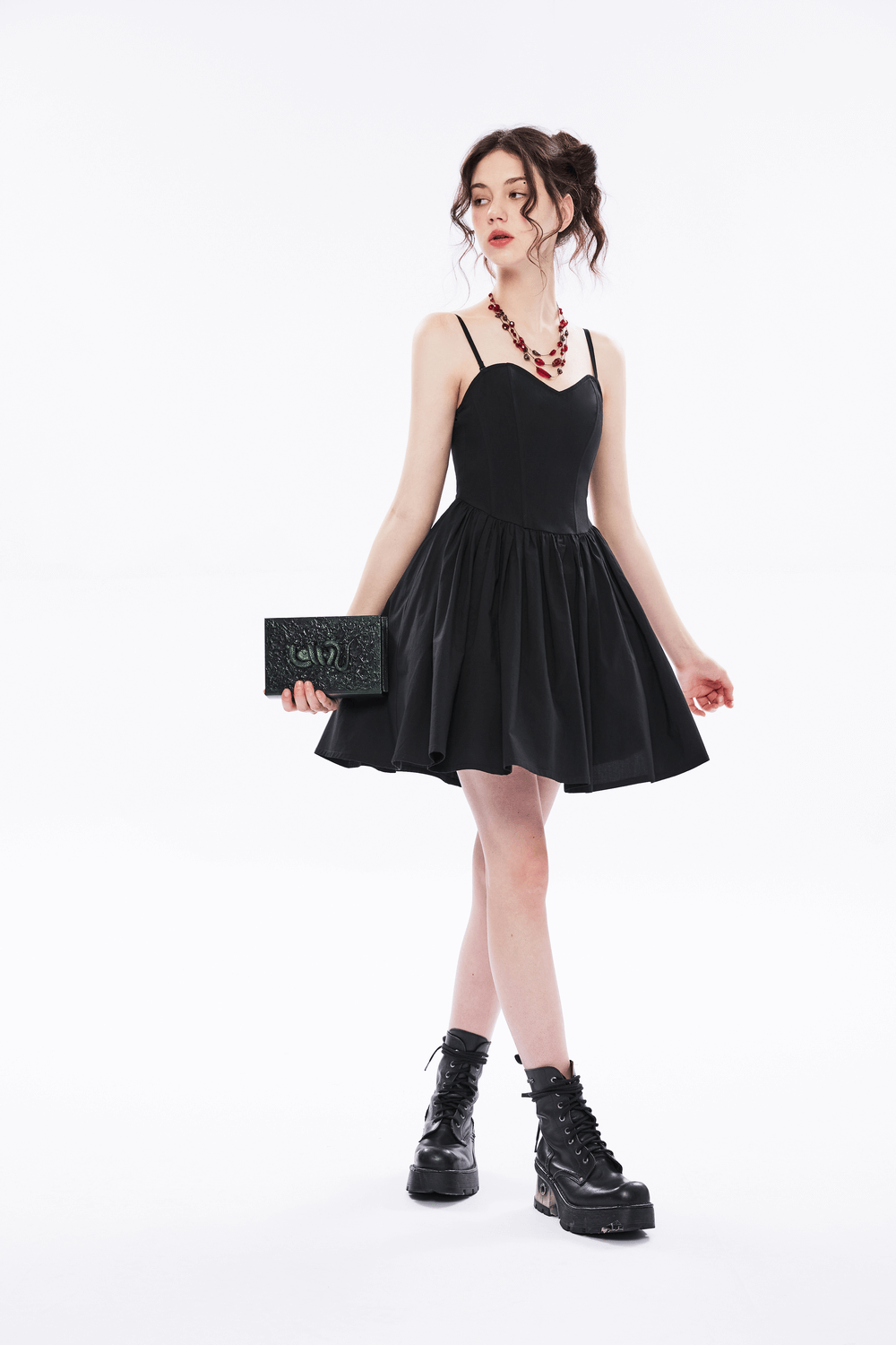 Elegant Black A-Line Skater Dress with Plaid Interior