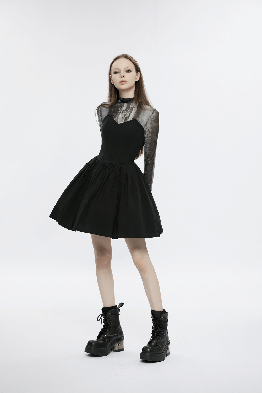 Elegant Black A-Line Skater Dress with Plaid Interior