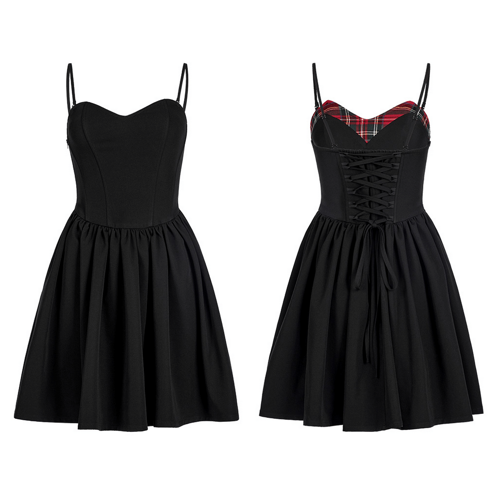 Elegant black A-Line skater dress with plaid interior, pleated skirt, and adjustable straps.