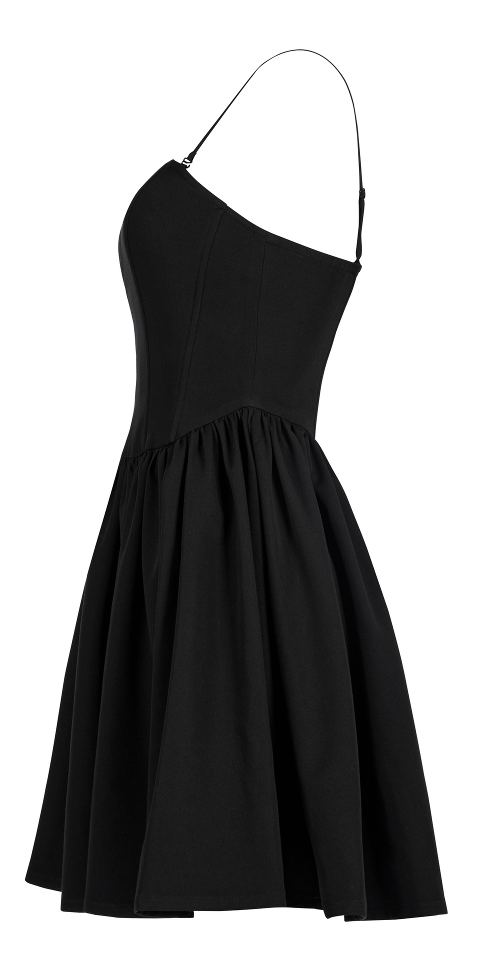 Elegant black A-Line skater dress with pleated skirt and adjustable straps, showcasing a chic silhouette.