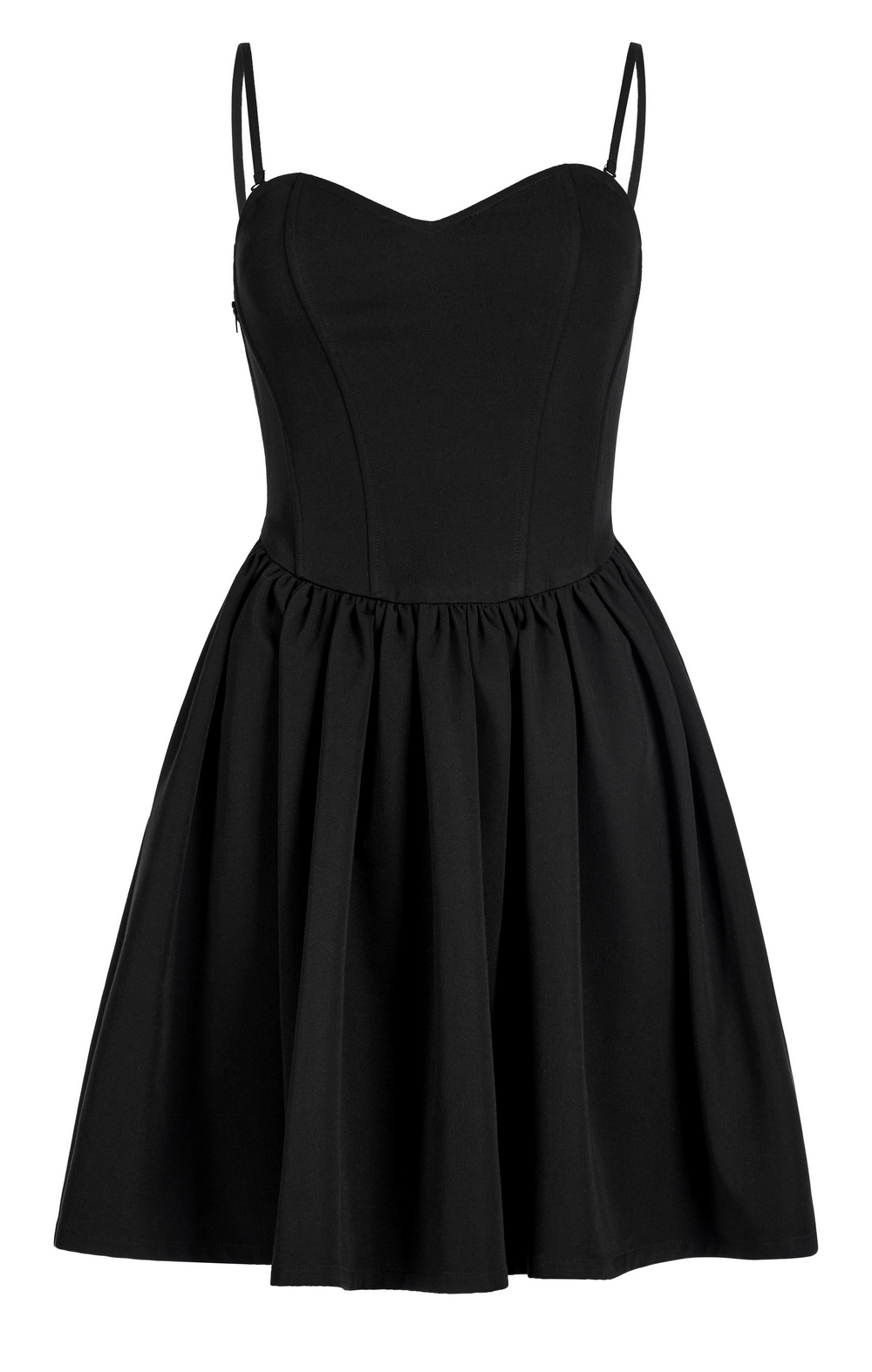 Elegant black A-Line skater dress with pleated skirt and adjustable straps for a chic silhouette.