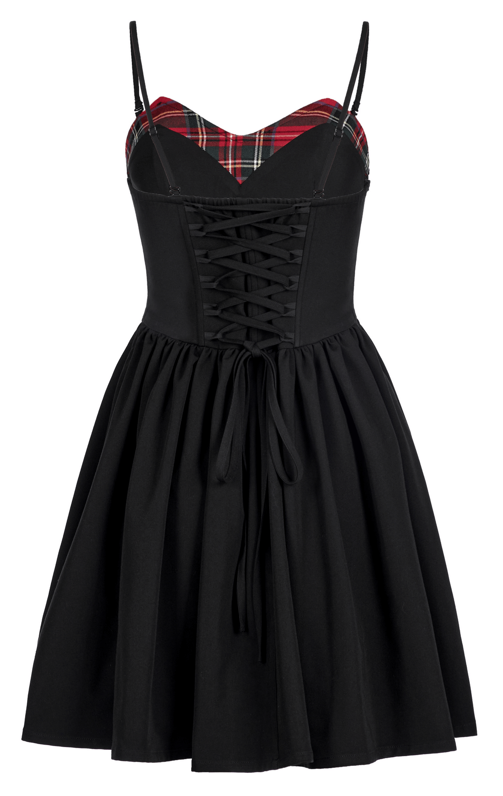 Elegant black A-Line skater dress with plaid interior, featuring pleated skirt and adjustable straps.