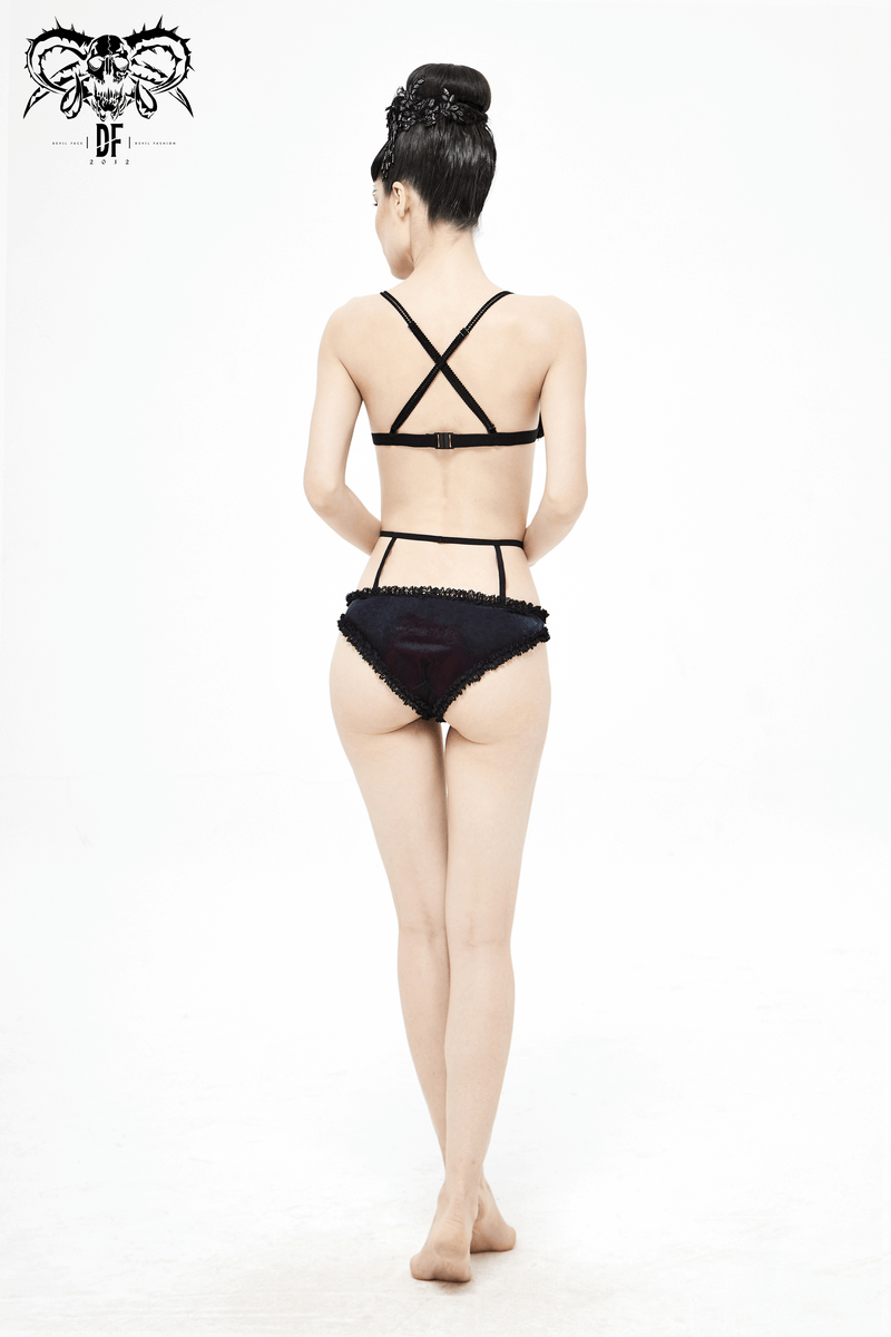 Back view of elegant black bikini with lace, showcasing gothic sexy style and figure-flattering design.